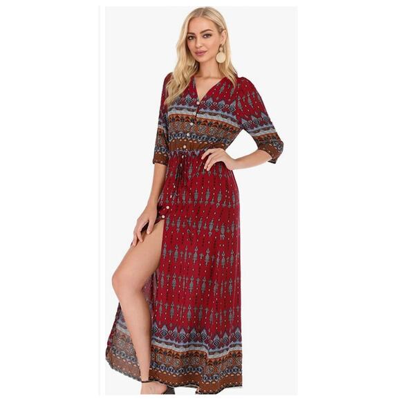 R. Vivimos VNeck Roll Tab Sleeve Button Front Paisley Dress Red Blue Multi Small - Picture 1 of 14